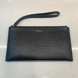 Furla Black Saffiano Textured Leather Zip Pouch Wristlet
